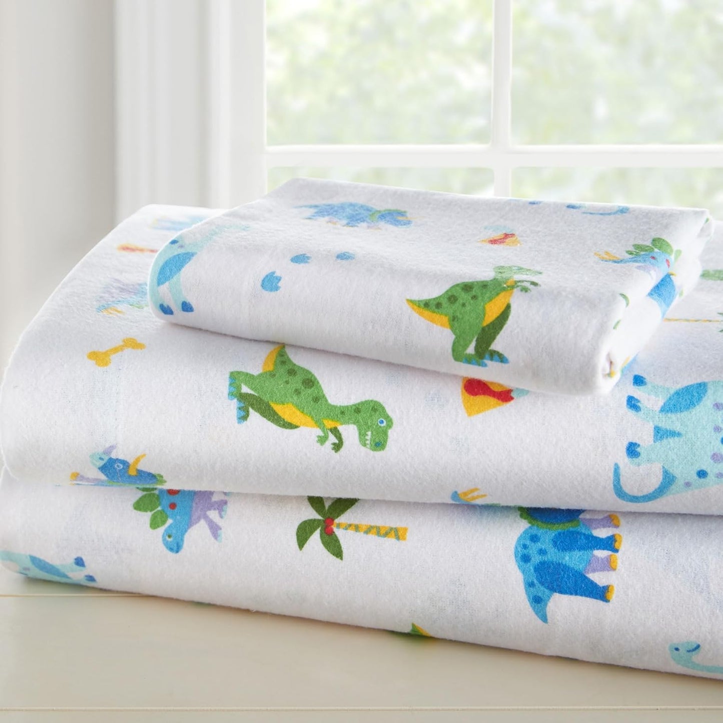 Kids 100% Cotton Flannel Toddler Sheet Set for Boys & Girls, Bed Set Includes Top Sheet, Fitted Sheet, Pillow Case, Flannel Bed Sheets for Cozy Cuddles (Dinosaur Land)