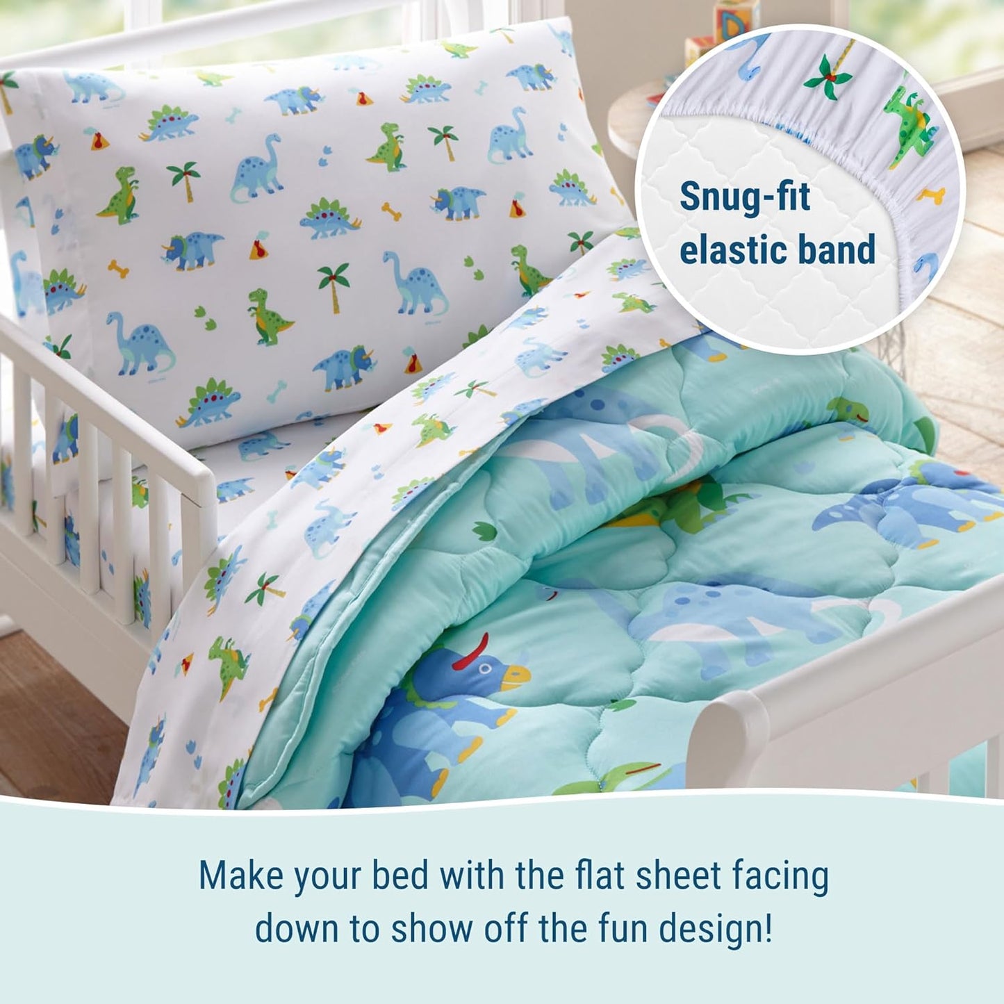 Kids 100% Cotton Flannel Toddler Sheet Set for Boys & Girls, Bed Set Includes Top Sheet, Fitted Sheet, Pillow Case, Flannel Bed Sheets for Cozy Cuddles (Dinosaur Land)