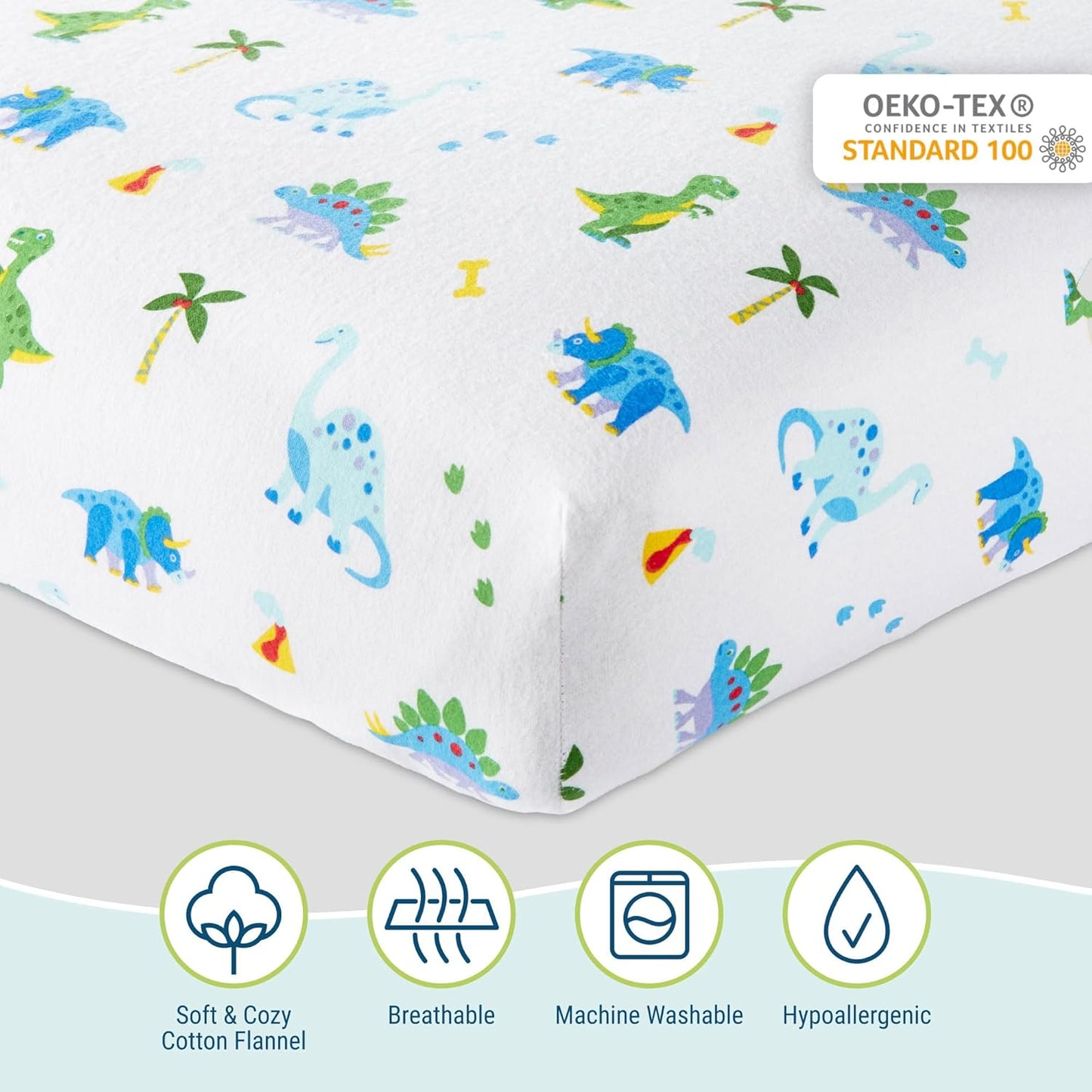 Kids 100% Cotton Flannel Toddler Sheet Set for Boys & Girls, Bed Set Includes Top Sheet, Fitted Sheet, Pillow Case, Flannel Bed Sheets for Cozy Cuddles (Dinosaur Land)