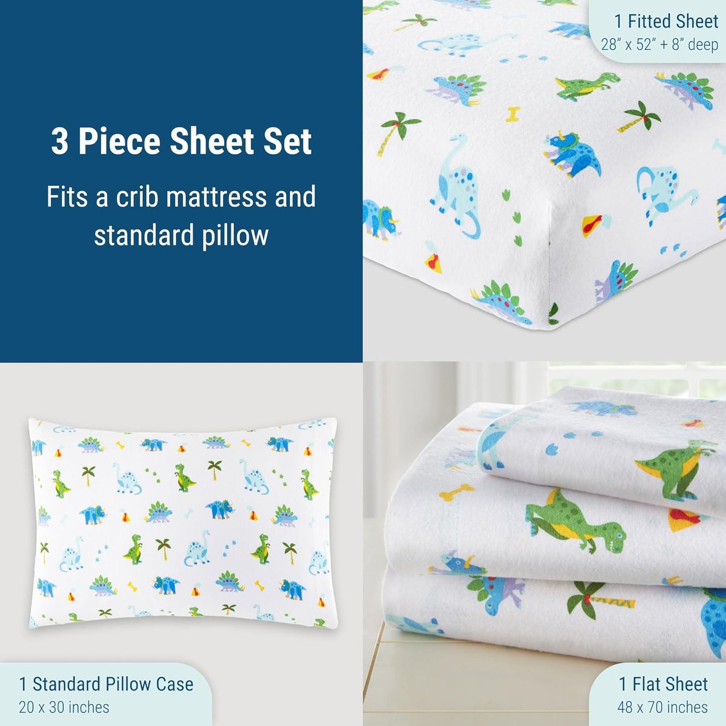 Kids 100% Cotton Flannel Toddler Sheet Set for Boys & Girls, Bed Set Includes Top Sheet, Fitted Sheet, Pillow Case, Flannel Bed Sheets for Cozy Cuddles (Dinosaur Land)